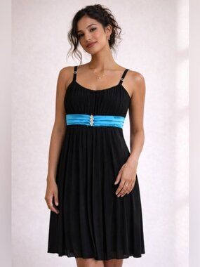 Deb Black Pleated Dress with Turquoise Satin Waist Tie – Size 1X